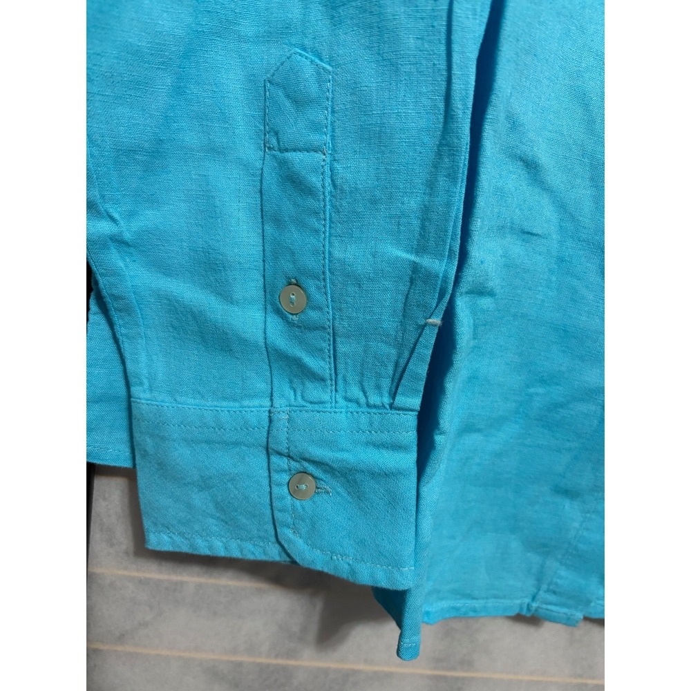 Candace Cameron Bure Linen Shirt Medium Blue Button Down Petite Coastal Boho - Picture 4 of 9